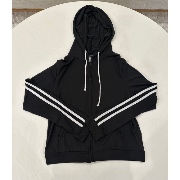 Fashion Nova Black Striped Sleeve Lightweight Cropped Hoodie - Picture 1 of 11